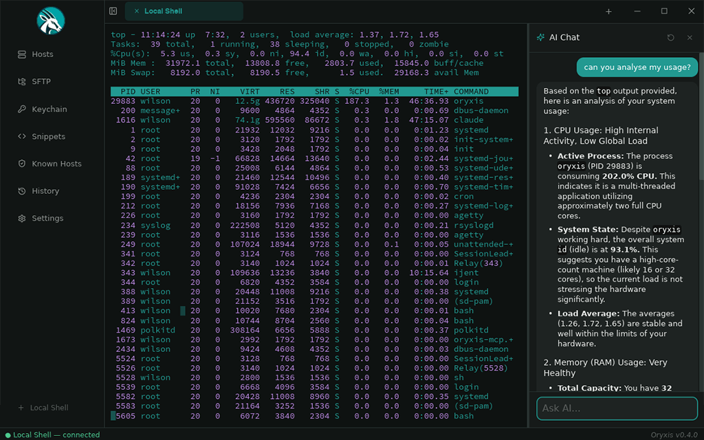 Terminal session with AI Chat sidebar streaming a response