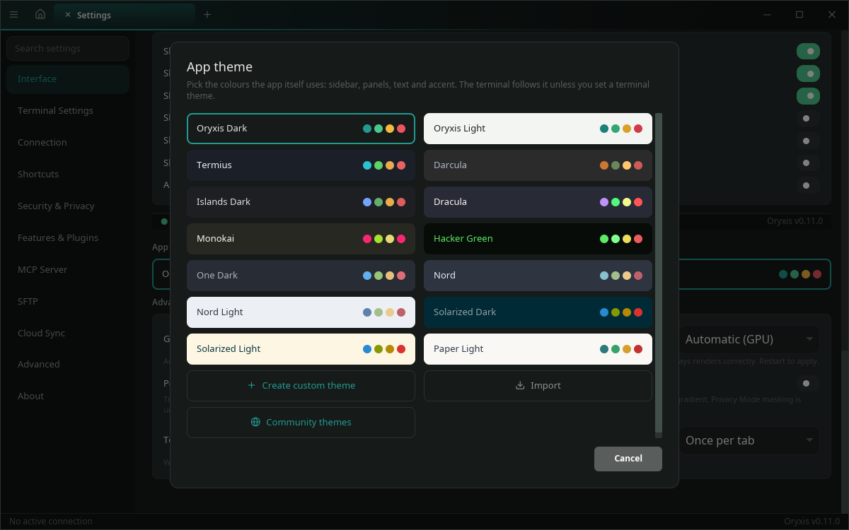 App theme gallery with every built-in scheme previewed in its own colours